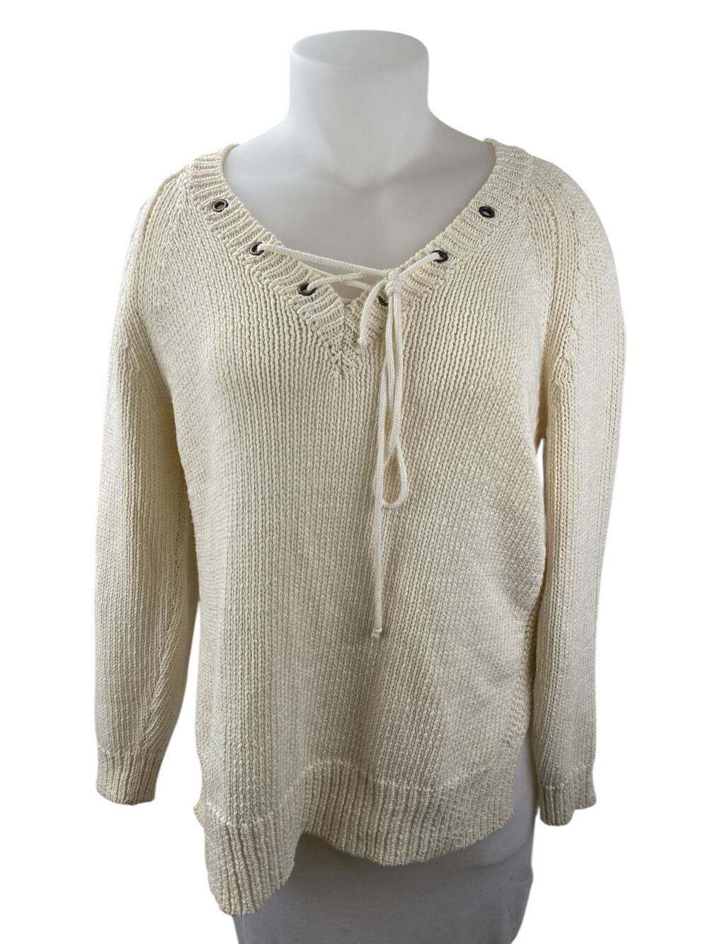 Anthropologie Moth Women's Cream Ribbed Knit Lace Up V Neck Sweater Top Size XL